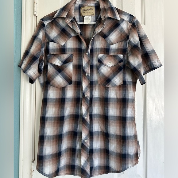 Wrangler Western Shirt Small Mens Brown/Black/White Pearl Snap S/S Plaid Cowboy - Picture 1 of 4